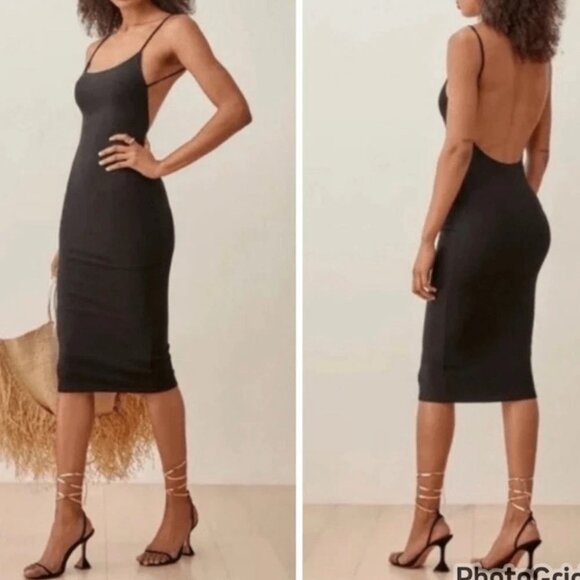 NWT REFORMATION Kelsee Rib Knit Strappy Midi Dress Scoop Back Black S MSRP $148 - Picture 1 of 6